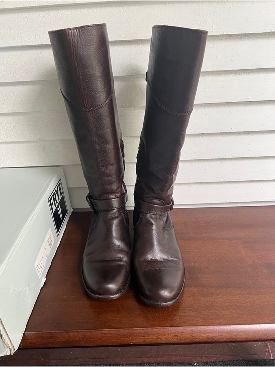 Frye Shoes - Frye Dark Brown Leather Tall Riding Boots with Buckle